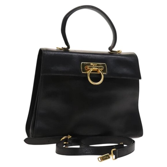 Salvatore Ferragamo Gancini Hand Bag Leather 2way Black Gold Auth BD1703 - Picture 1 of 16